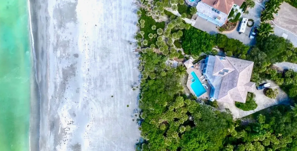 Aerial — 6060 Manasota Key Road — private beach, Gulf of Mexico, 1-acre estate