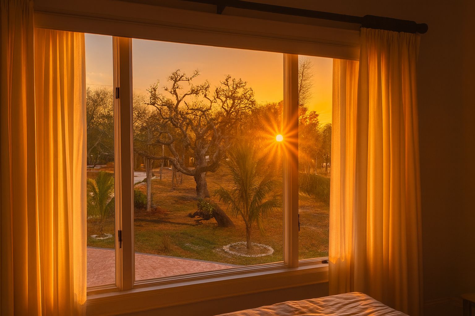 Golden-hour sunset framed through the bedroom window