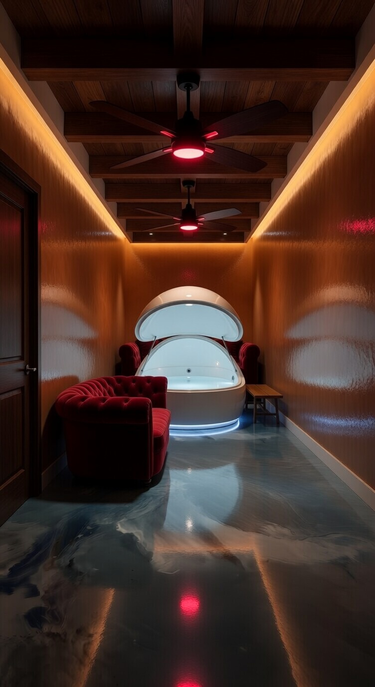 Sensory deprivation float tank suite — red velvet, glowing pod, art epoxy floor, beamed cedar ceiling