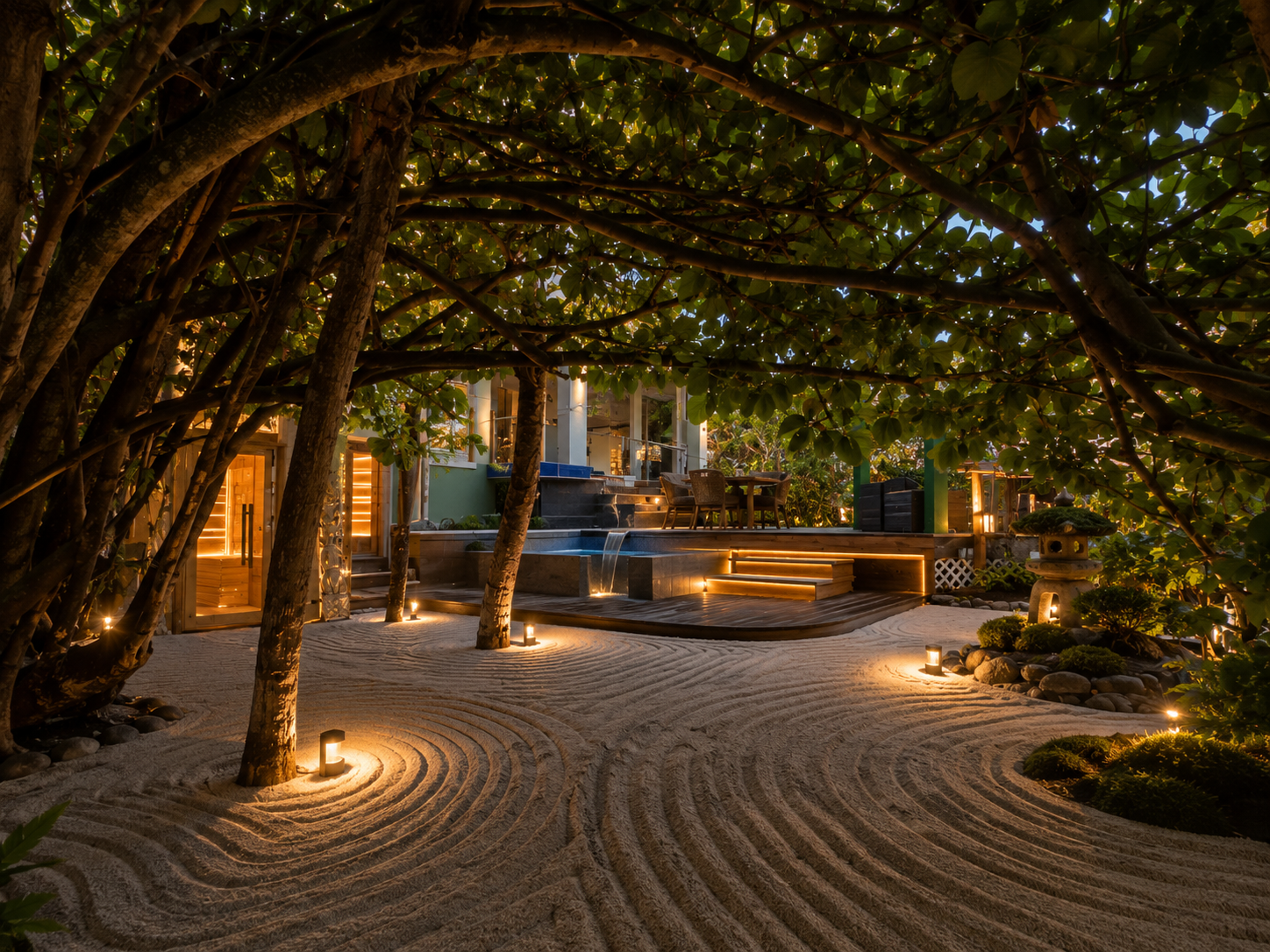 The grotto at dusk — waterfall spa, sauna and raked zen sand beneath a lantern-lit canopy