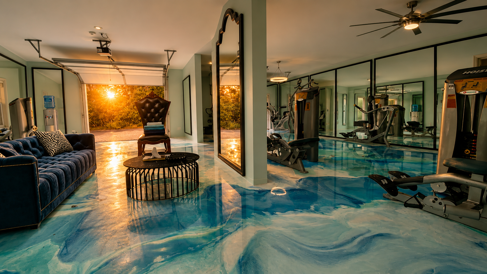 Professional gym with art epoxy ocean-swirl floor, floor-to-ceiling mirrors, sunset — Sarasota Sanctuary