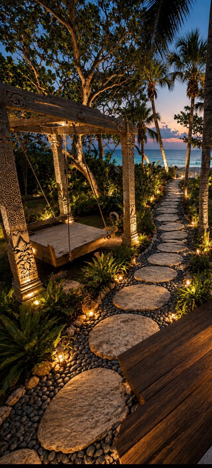 Lantern-lit stone path winding through the jungle to the Gulf, with a carved Balinese daybed swing