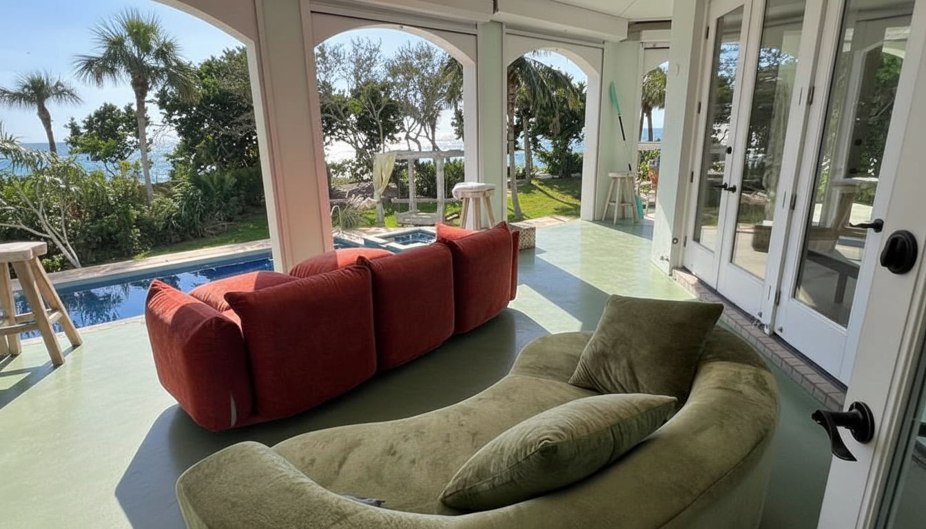 Covered lanai lounge with polished green concrete floor opening to the pool and Gulf at sunset