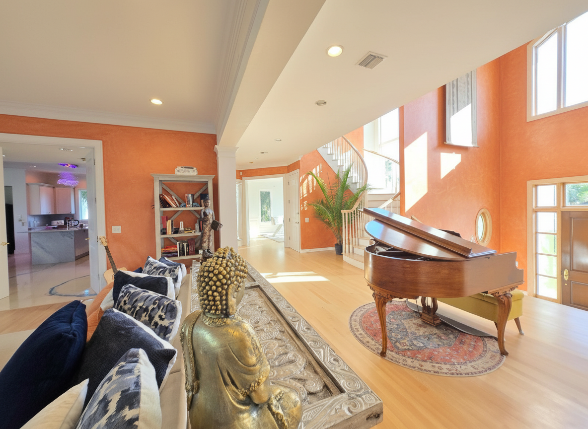 Great room with warm orange Venetian plaster walls, grand piano and golden Buddha