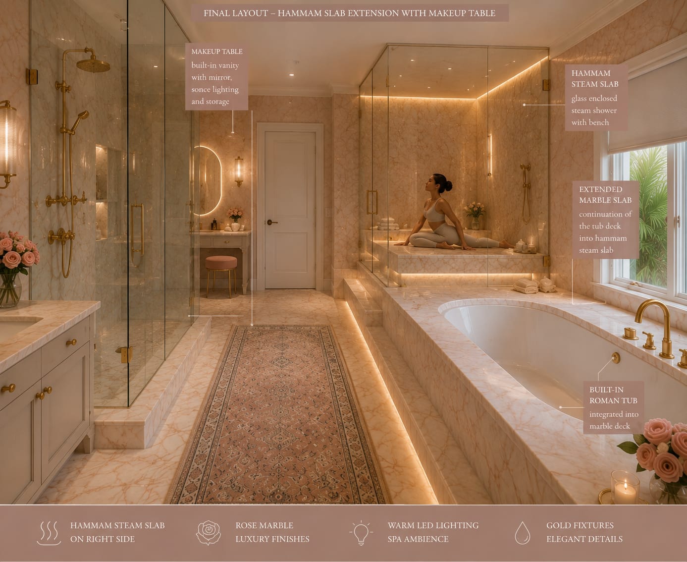 Design mock-up of the new master bath with hammam steam slab, Roman tub, rose marble and gold fixtures