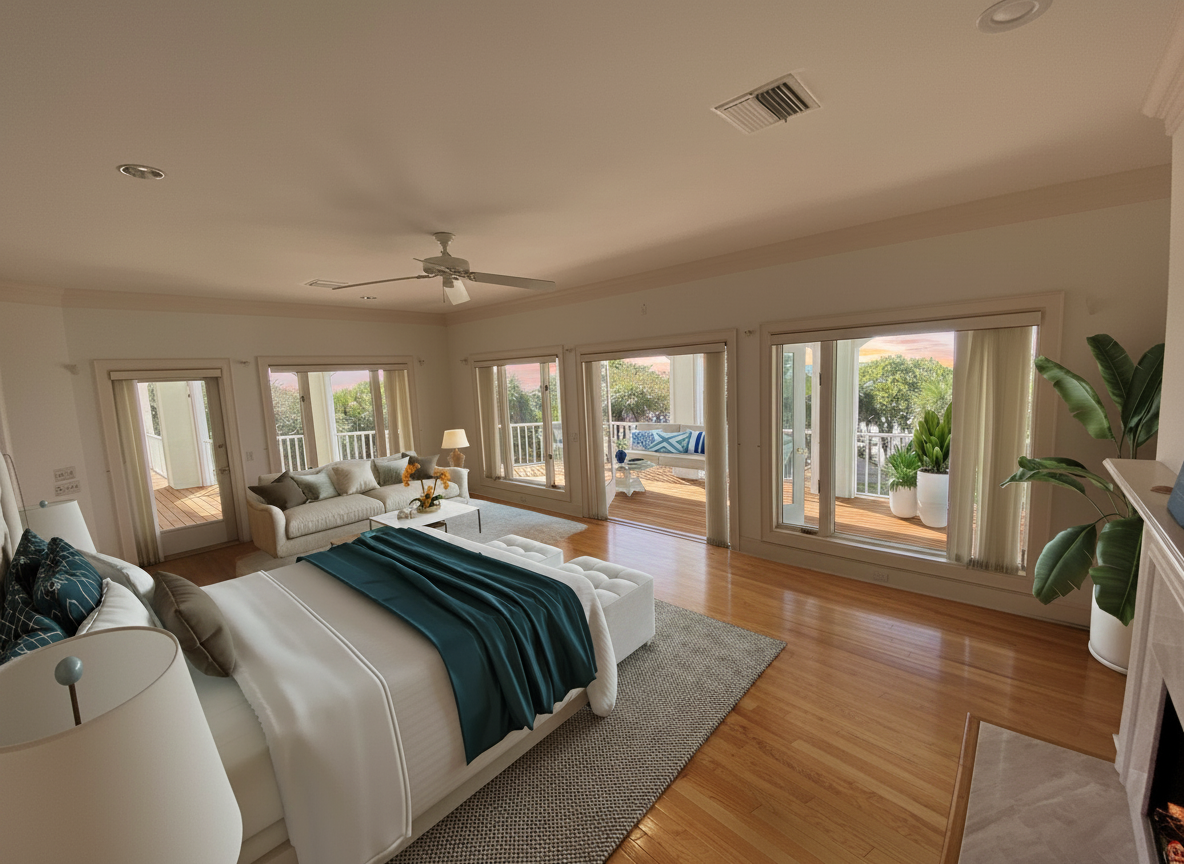Ocean-facing master bedroom with teak balcony deck and a pink dawn sky over the Gulf