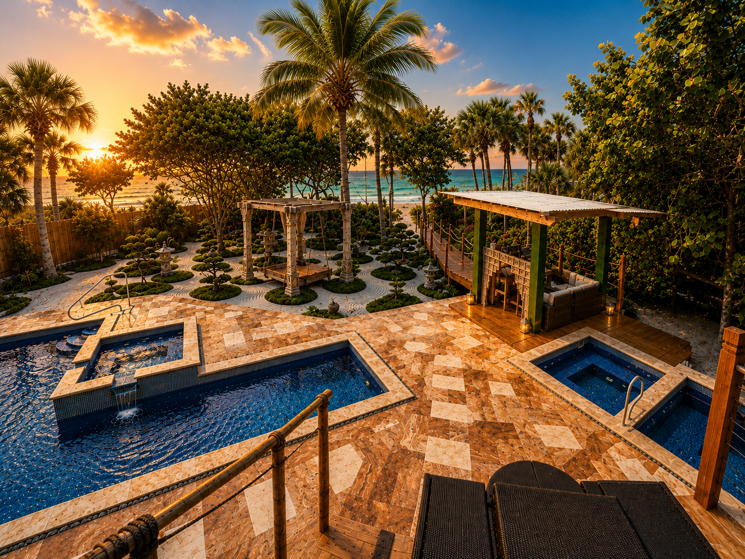 Zen pools at golden hour — Manasota Key beachfront estate