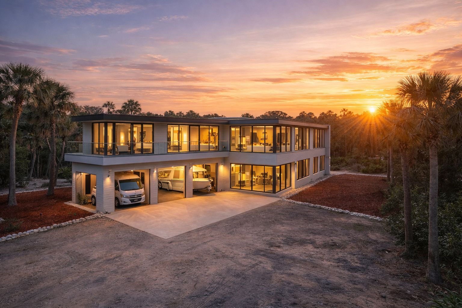 Proposed mother-in-law / garage suite — modern addition at sunset with garage for RV and boat