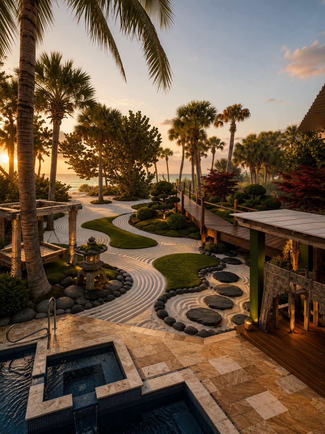 Alternate zen garden design — raked sand, stepping stones, stone lantern and palms at golden hour