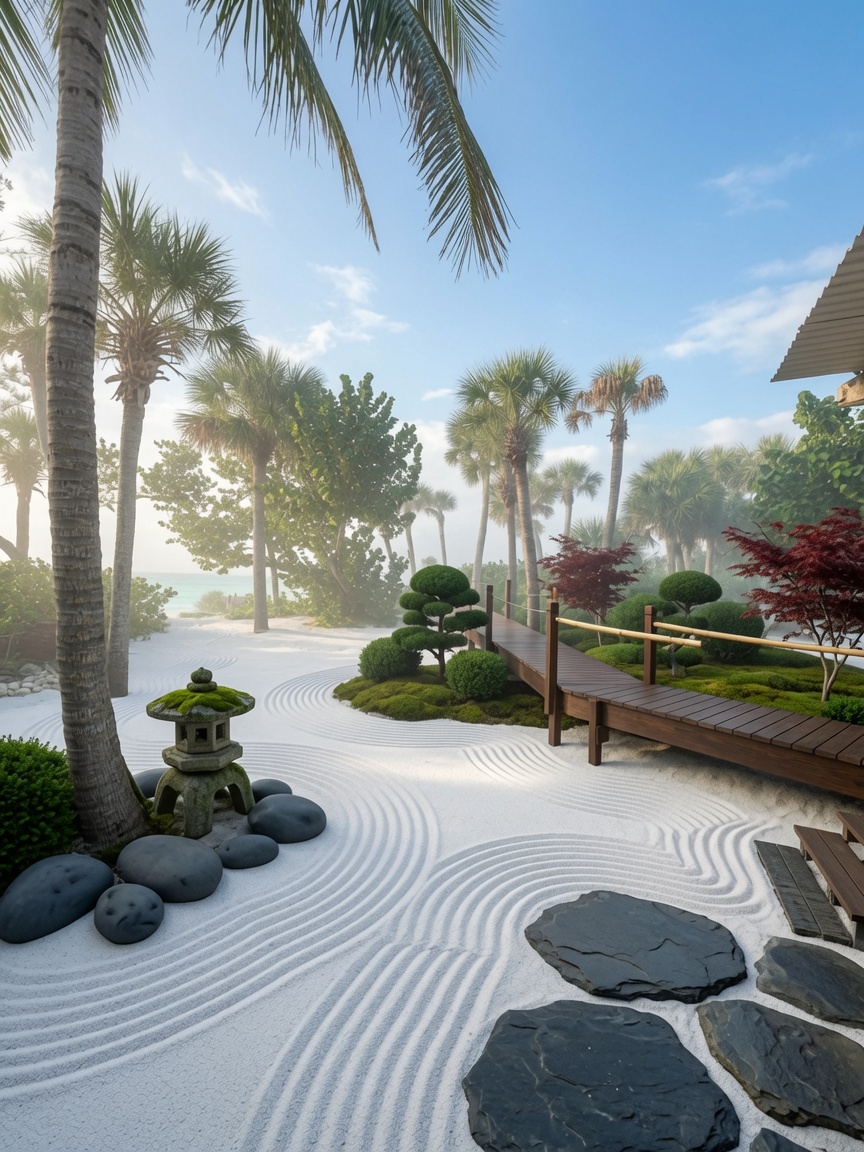 White sand zen garden — raked paths, stone lanterns, palms and the Gulf beyond